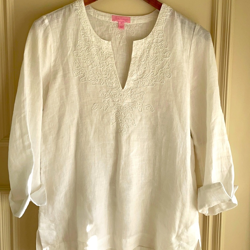 Lily AMELIA ISLAND TUNIC Resort BEADED CORAL Linen